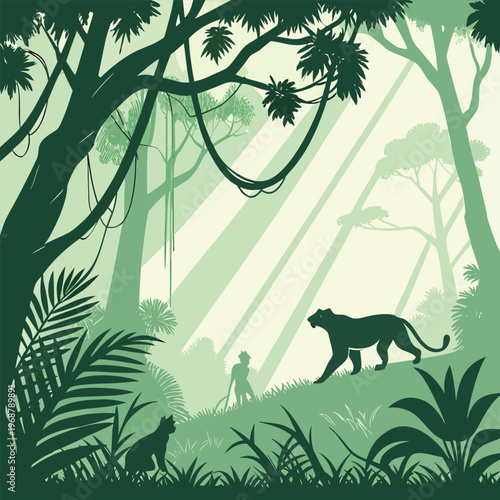 Green jungle scene with black panther, small cat, and human silhouette, sun rays