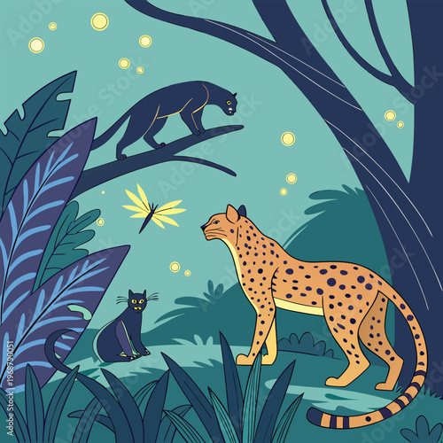 Nighttime jungle encounter with cheetah, black panther, and cat, glowing orbs and subtle lighting create an enchanting atmosphere
