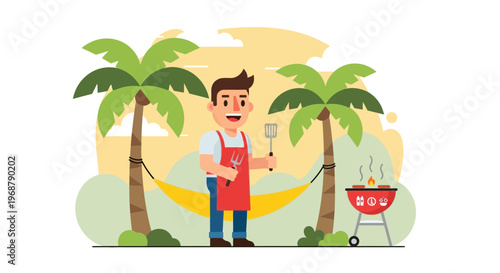 Tropical Backyard BBQ Fun With Palm Trees And Hammock