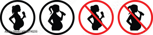 Pregnant Woman No Alcohol Sign Vector – Pregnancy Warning Icon Set with Prohibited Drinking Symbols