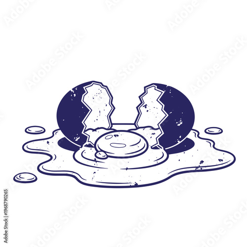 Dark blue of a cracked egg with a spilled yolk and white on a white background featuring a distressed grainy texture effect