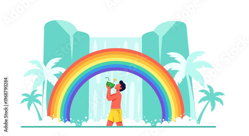 Tropical Paradise Scene With A Man Enjoying A Coconut Drink Under A Rainbow