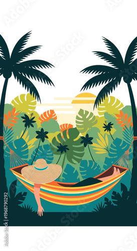 Tropical Paradise Serenity Woman Relaxing In Hammock Among Lush Foliage