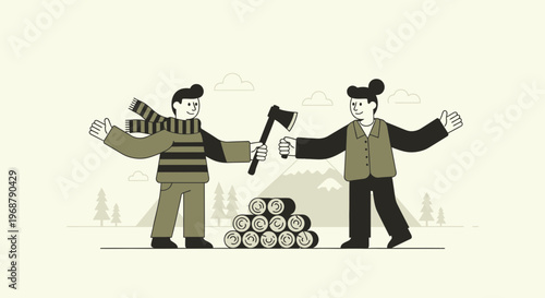 Two Friends Gathering Firewood In A Snowy Landscape With Axe