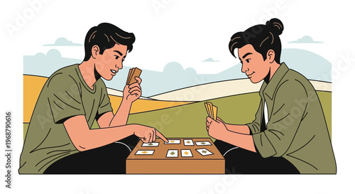 Two Young Men Engaging In A Strategic Card Game Outdoors
