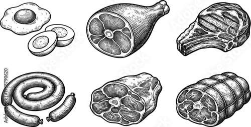 Meat Cuts Butcher Vector Set. Meat cuts butcher vector set including steak sausage and ham isolated detailed sketch food illustration