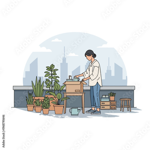 Urban Gardener Unpacking Plants On Rooftop With Cityscape Background