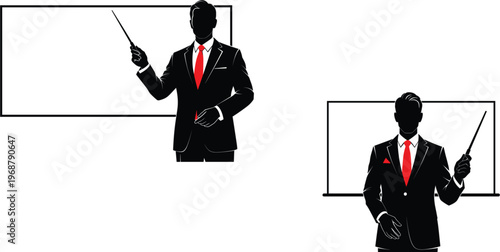 Professional businessman silhouette with red tie pointing at whiteboard for corporate training seminar and business presentation