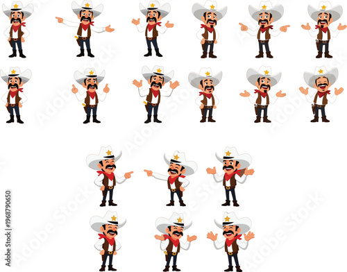 Cartoon cowboy sheriff character mascot set with various poses and gestures for wild west theme design and storytelling