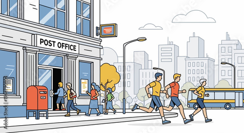 Urban Life And Daily Routine Outside Post Office Building