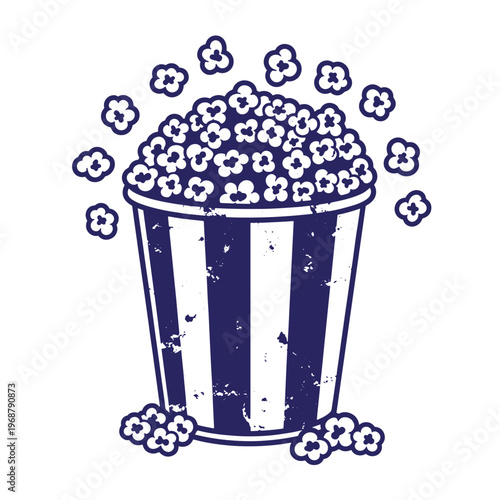 Dark blue popcorn bucket with vertical stripes and scattered popcorn kernels in a distressed vintage style on a white background