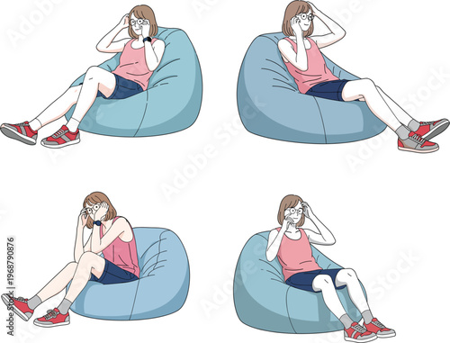 Young woman sitting on blue bean bag chair using smartphone for social media and mobile communication vector set