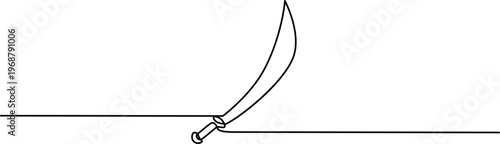 Minimalist one line drawing of a curved saber sword with a sharp blade and a detailed hilt. Vector