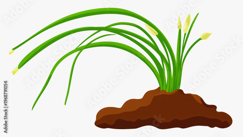 Cute chive plant with long thin leaves in illustrated garden soil. Ai generated.