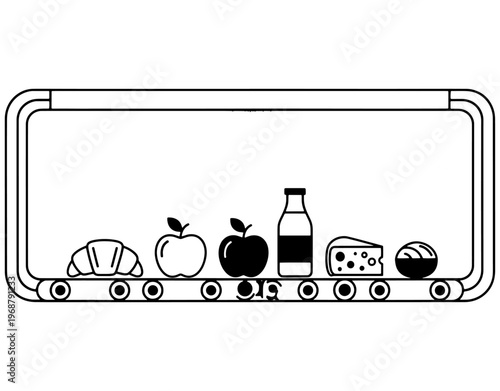 Industrial food scanner scanning food items like croissant, apples, milk, and cheese on a conveyor belt, automated quality control and smart factory technology concept.