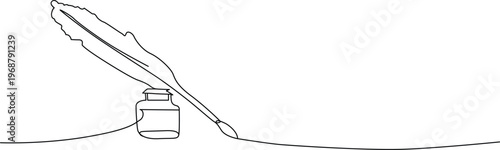 Minimalist continuous line art drawing of a classic quill pen resting in an inkwell bottle. Vector