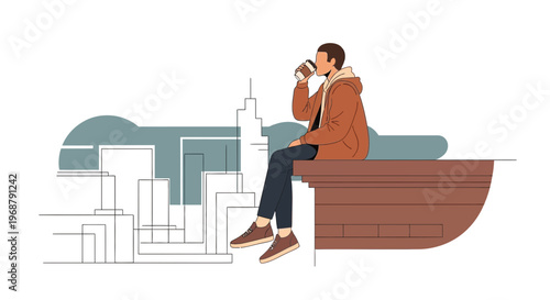 Urban Retreat Enjoying Coffee Above Cityscape With Modern Building Silhouettes