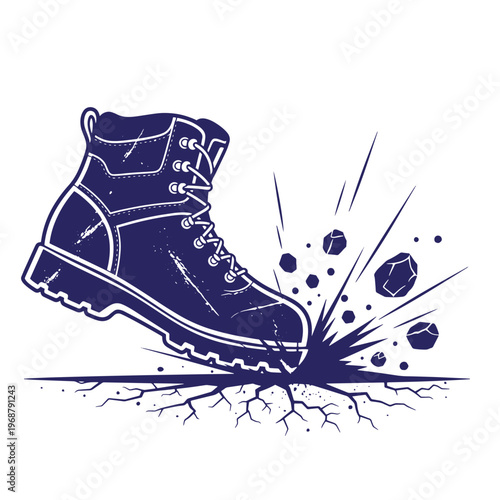 Dark blue silhouette of a heavy work boot stomping on the ground causing a ground crack with flying debris and rock fragments isolated on a white background