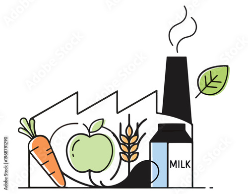 Sustainable food factory illustration featuring organic products like carrot, apple, wheat, and milk, representing eco-friendly agriculture and industrial food processing concept.