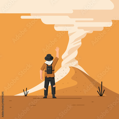 Vast Desert Landscape With A Solitary Hiker Observing A Majestic Dust Devil Formation