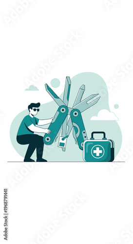 Versatile Man With Multitool And First Aid Kit Ready For Action