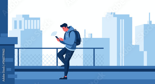 Urban Connection Young Man Texting City Skyline Background
