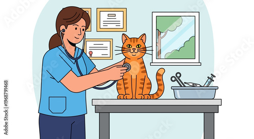 Veterinary Doctor Examining Adorable Cat With Stethoscope During Routine Checkup
