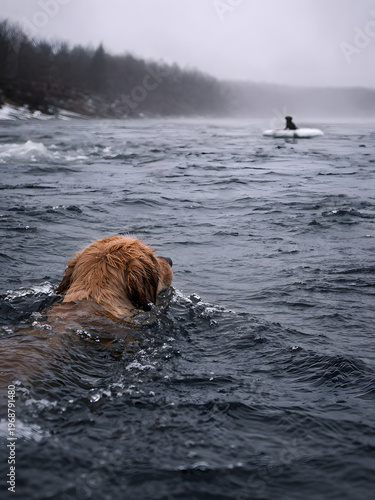 A golden retriever swims to rescue a small puppy on an ice floe