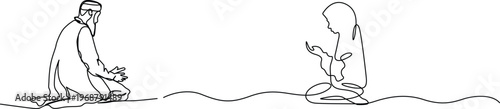 Continuous line drawing of a muslim man and woman praying together in a peaceful setting. Vector