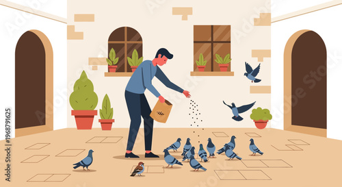 Urban Dweller Feeds Pigeons Gathering In Courtyard Setting