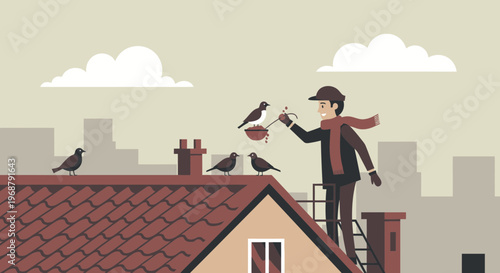 Urban Dweller Nurturing Birds On Rooftop With Joyful Heart