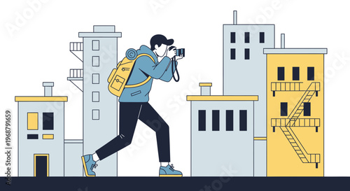 Urban Explorer Capturing City Views with a Camera and Backpack