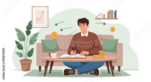 Man planning finances at home, writing in notebook, coins and growth chart