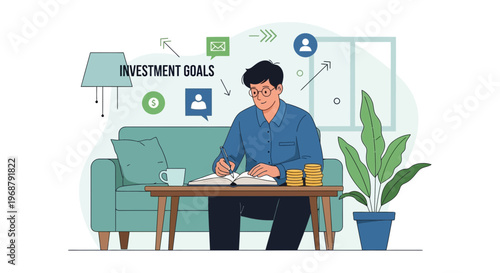 Man planning investment goals at home, writing in notebook with coins and plant