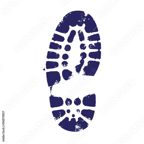 Dark blue textured footprint of a hiking boot sole isolated on a white background showing rugged tread patterns and worn rubber stamp effect