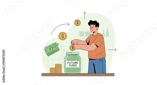 Man saving coins and money in future fund jar, financial planning and investment concept