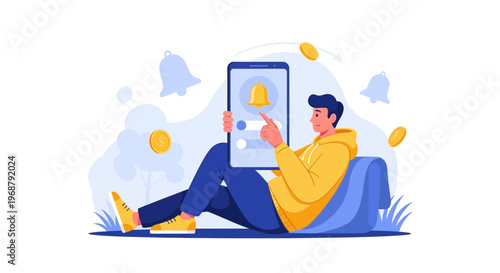 Man relaxing using smartphone with notification bell icon and coins, digital alert concept