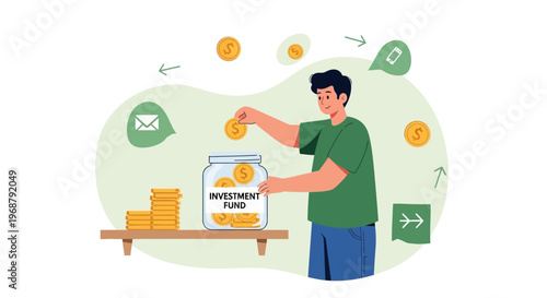 Man saving coins in investment fund jar, financial growth concept
