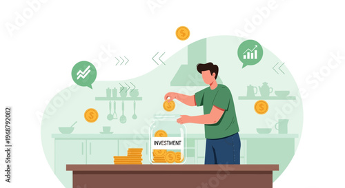 Man saving money in investment jar, financial growth concept, home savings, wealth building