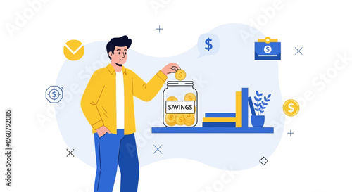 Man saving money in a jar, financial planning, investment, and economic growth concept