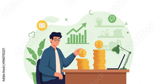 Man saving money, growing investment, financial growth, business success, wealth concept