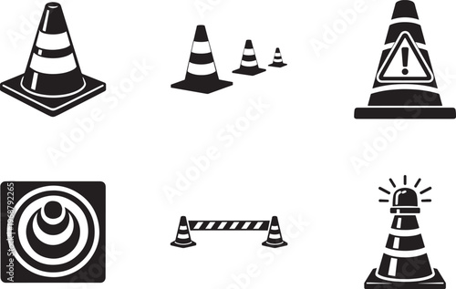 Traffic cone icon set vector. Road cone, divider, barrier symbols for apps and websites.