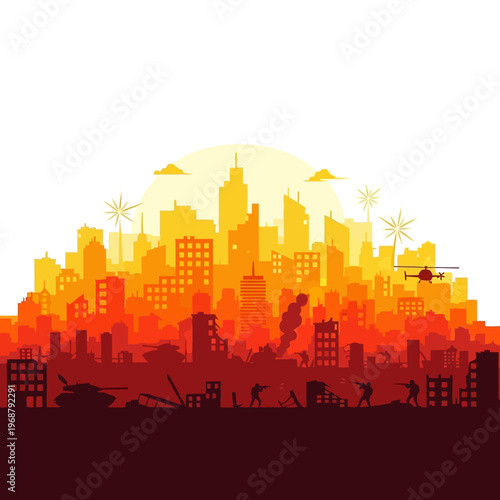 War-torn cityscape with soldiers, tanks, and helicopter at sunset silhouette