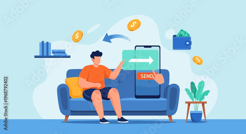 Man Sending Money Online From Home Via Mobile Phone, Digital Banking Concept
