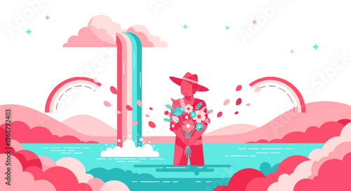 Vibrant Rainbow Waterfall Dreamscape With Floral Offering