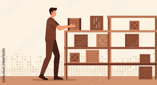 Warehouse Worker Organizing Wooden Crates On Shelving Unit Efficiently