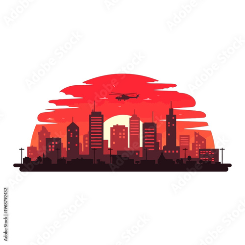 Cityscape Silhouette at Sunset with Helicopter Flying Over Buildings