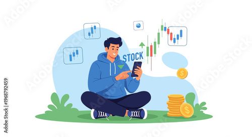 Man sitting cross-legged on grass, checking stock market on smartphone, coins and charts in background