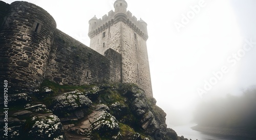 Medieval Castle Tower in Fog, Stone Architecture, Historical Building