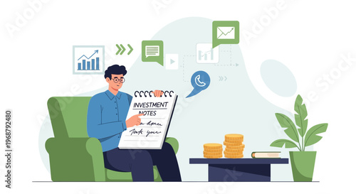 Man sitting in armchair, writing investment notes, stacks of coins, financial growth concept